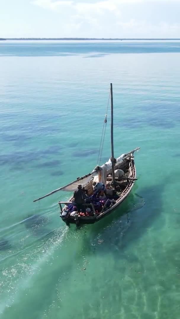 Tanzanie, vertikální video - loď, lodě v oceánu u pobřeží Zanzibaru, letecký výhled — Stock video