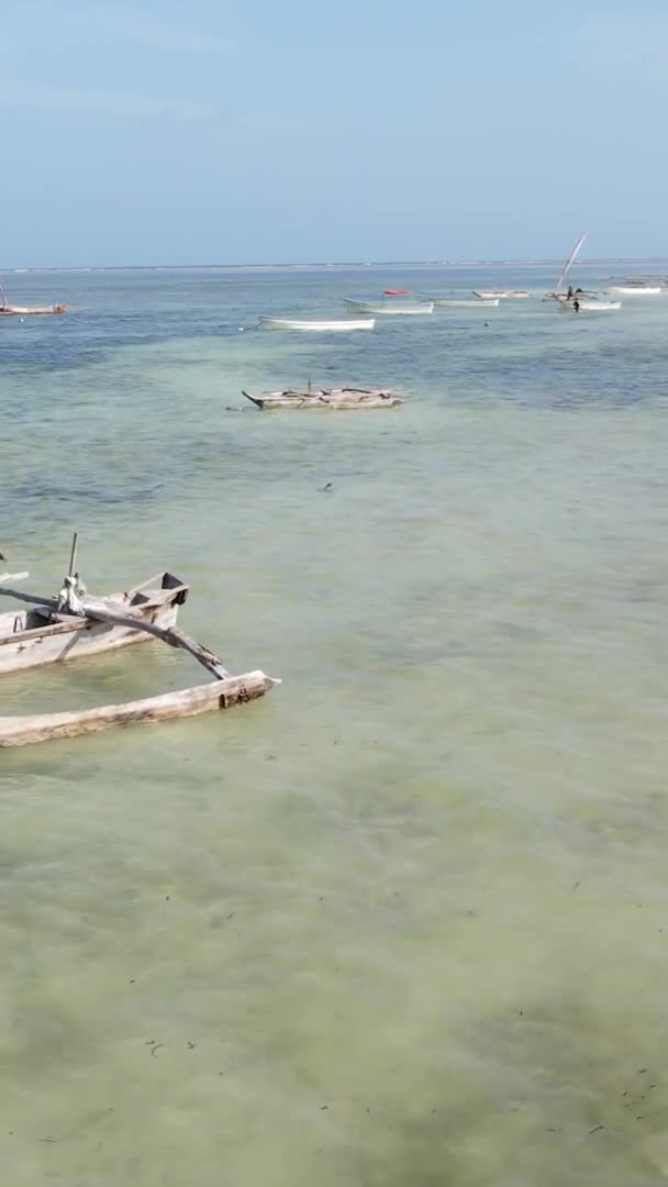 Tanzânia, vídeo vertical - barco, barcos no oceano perto da costa de Zanzibar, vista aérea — Vídeo de Stock