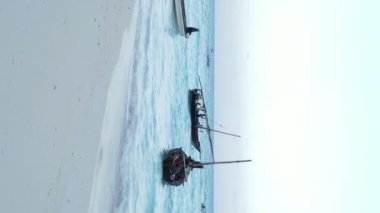 Tanzanya, dikey video - tekne, Zanzibar kıyısı yakınlarında okyanusta kayıklar, hava manzarası