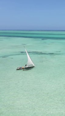 Tanzanya, dikey video - tekne, Zanzibar kıyısı yakınlarında okyanusta kayıklar, hava manzarası