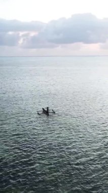 Tanzanya, dikey video - tekne, Zanzibar kıyısı yakınlarında okyanusta kayıklar, hava manzarası