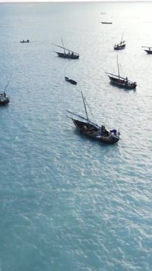 Tanzanya, dikey video - tekne, Zanzibar kıyısı yakınlarında okyanusta kayıklar, hava manzarası