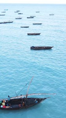 Tanzanya, dikey video - tekne, Zanzibar kıyısı yakınlarında okyanusta kayıklar, hava manzarası