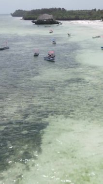 Tanzanya, dikey video - tekne, Zanzibar kıyısı yakınlarında okyanusta kayıklar, hava manzarası