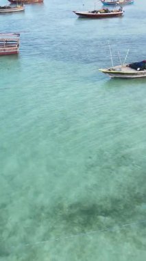 Tanzanya, dikey video - tekne, Zanzibar kıyısı yakınlarında okyanusta kayıklar, hava manzarası