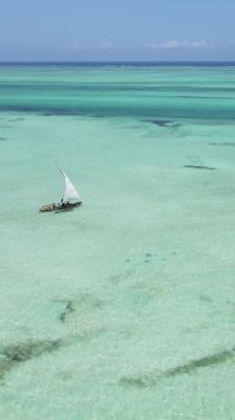 Tanzanya, dikey video - tekne, Zanzibar kıyısı yakınlarında okyanusta kayıklar, hava manzarası