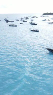 Tanzanya, dikey video - tekne, Zanzibar kıyısı yakınlarında okyanusta kayıklar, hava manzarası