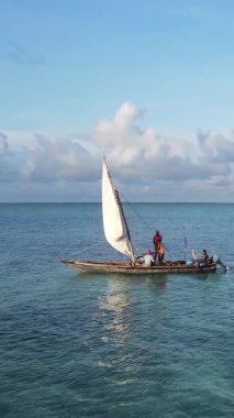 Tanzanya, dikey video - tekne, Zanzibar kıyısı yakınlarında okyanusta kayıklar, hava manzarası