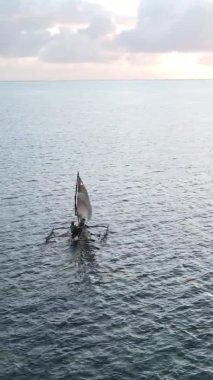 Tanzanya, dikey video - tekne, Zanzibar kıyısı yakınlarında okyanusta kayıklar, hava manzarası
