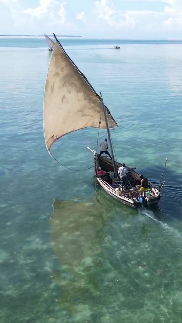 Tanzania, verticale video - boot, boten in de oceaan dichtbij de kust van Zanzibar, bovenaards uitzicht — Stockvideo