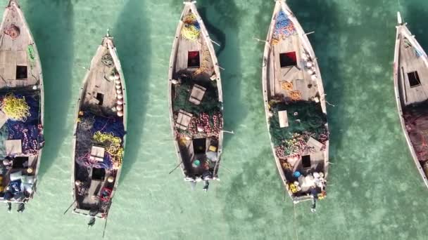 Tanzanya, dikey video - tekne, Zanzibar kıyısı yakınlarında okyanusta kayıklar, hava manzarası — Stok video
