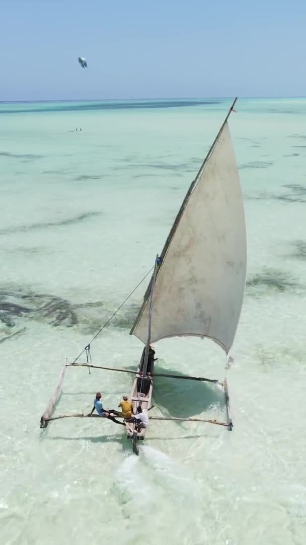 Tanzania, vídeo vertical - barco, barcos en el océano cerca de la costa de Zanzíbar, vista aérea — Vídeos de Stock