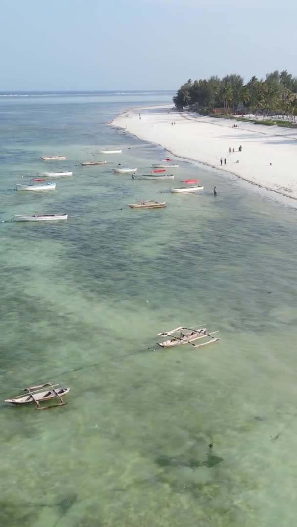 Танзания, вертикальное видео - лодка, лодки в океане у берегов Занзибара, вид с воздуха — стоковое видео