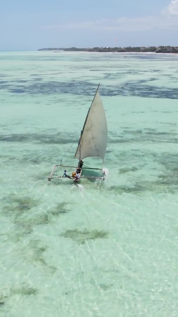 Tanzania, video verticale - barca, barche nell'oceano vicino alla costa di Zanzibar, vista aerea — Video Stock