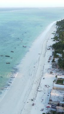 Tanzanya, dikey video - tekne, Zanzibar kıyısı yakınlarında okyanusta kayıklar, hava manzarası