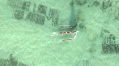 Tanzanya, dikey video - tekne, Zanzibar kıyısı yakınlarında okyanusta kayıklar, hava manzarası