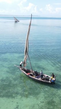 Tanzanya, dikey video - tekne, Zanzibar kıyısı yakınlarında okyanusta kayıklar, hava manzarası