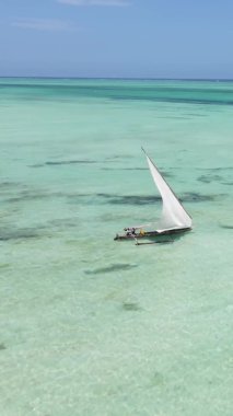 Tanzanya, dikey video - tekne, Zanzibar kıyısı yakınlarında okyanusta kayıklar, hava manzarası