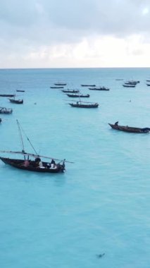 Tanzanya, dikey video - tekne, Zanzibar kıyısı yakınlarında okyanusta kayıklar, hava manzarası