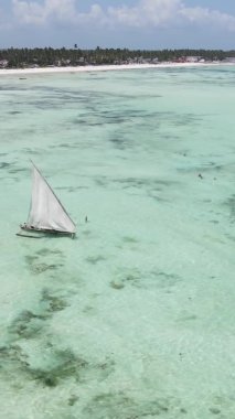 Tanzanya, dikey video - tekne, Zanzibar kıyısı yakınlarında okyanusta kayıklar, hava manzarası