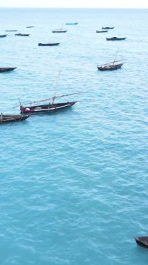 Tanzanya, dikey video - tekne, Zanzibar kıyısı yakınlarında okyanusta kayıklar, hava manzarası