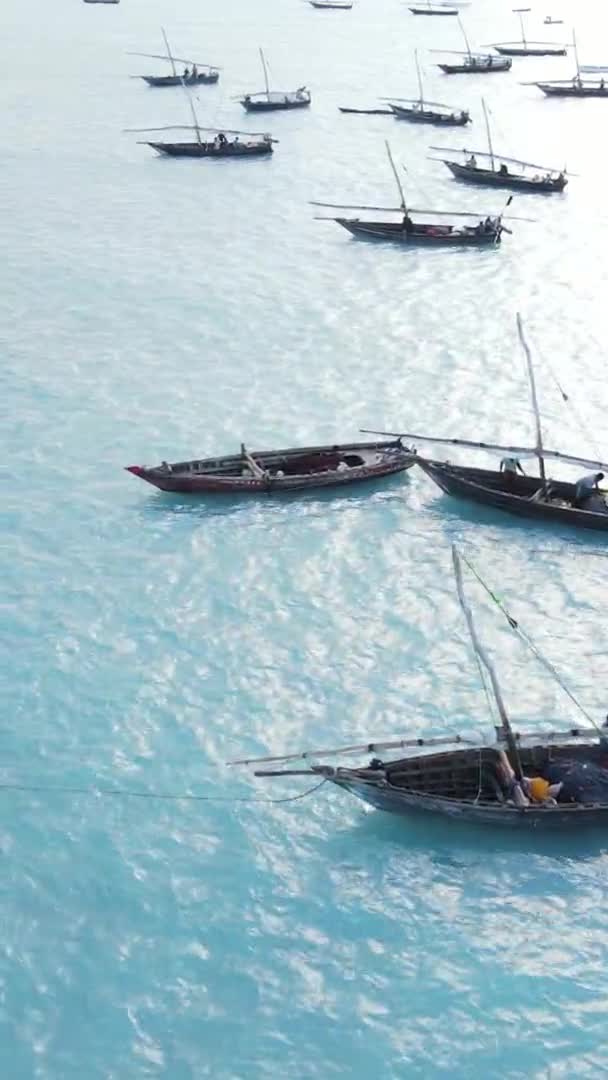 Tanzanya, dikey video - tekne, Zanzibar kıyısı yakınlarında okyanusta kayıklar, hava manzarası — Stok video