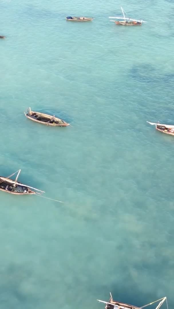 Tansania, pystysuora video - vene, veneet valtameressä lähellä Sansibarin rannikkoa, ilmanäkymä — kuvapankkivideo