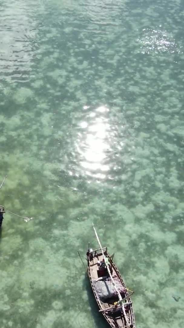 Tanzania, vertical video - boat, boats in the ocean near the coast of Zanzibar, aerial view — Stock Video