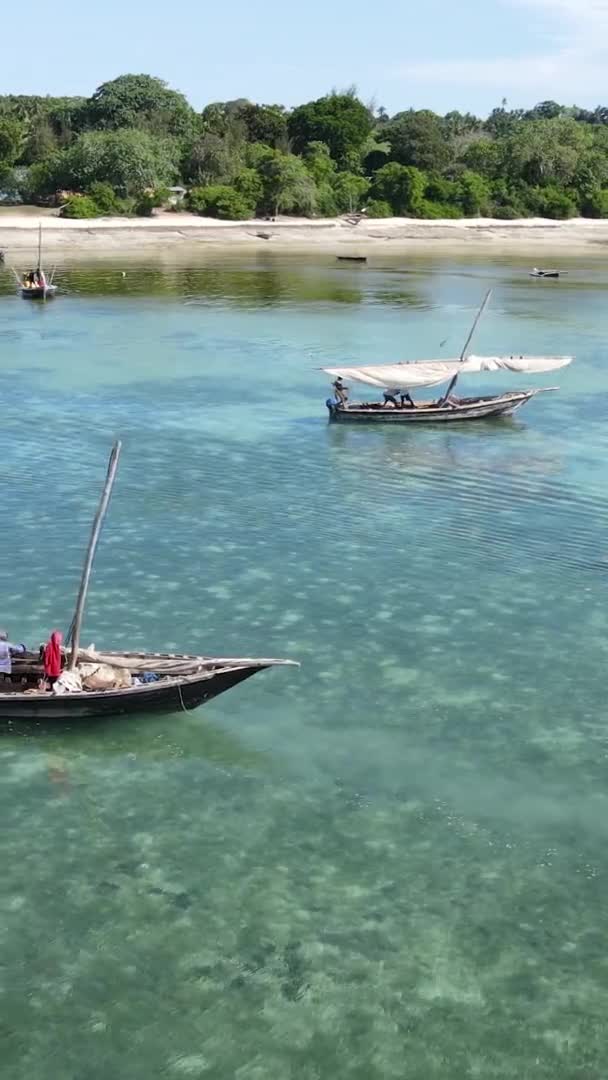 Tanzania, verticale video - boot, boten in de oceaan dichtbij de kust van Zanzibar, bovenaards uitzicht — Stockvideo