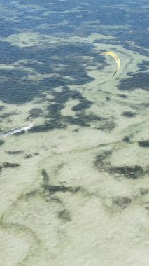 Zanzibar, Tanzanya - okyanus kıyısında dikey video uçurtmaları, yavaş çekim