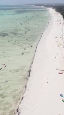 Zanzibar, Tanzanya - okyanus kıyısında dikey video uçurtmaları, yavaş çekim