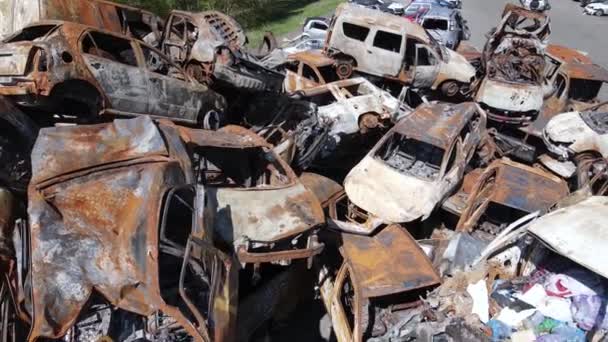 Zničené Zastřelené Automobily Městě Irpin Ukrajina Důsledky Války — Stock video