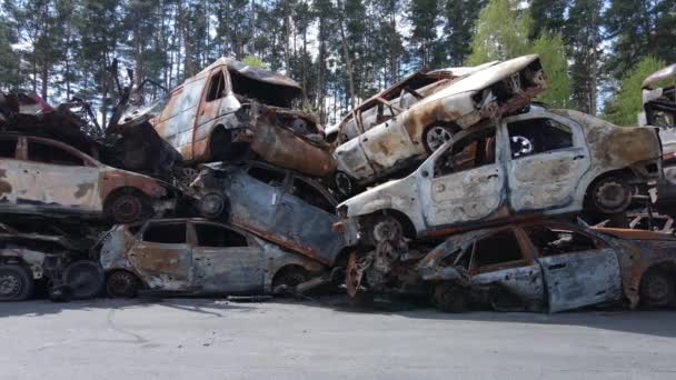 Destruido Disparado Coches Ciudad Irpin Ucrania Las Consecuencias Guerra — Vídeo de stock