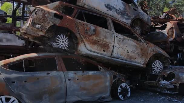 Distrugerea Împușcarea Mașinilor Orașul Irpin Ucraina Consecințele Războiului — Videoclip de stoc