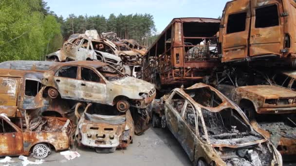 Destruido Disparado Coches Ciudad Irpin Ucrania Las Consecuencias Guerra — Vídeo de stock