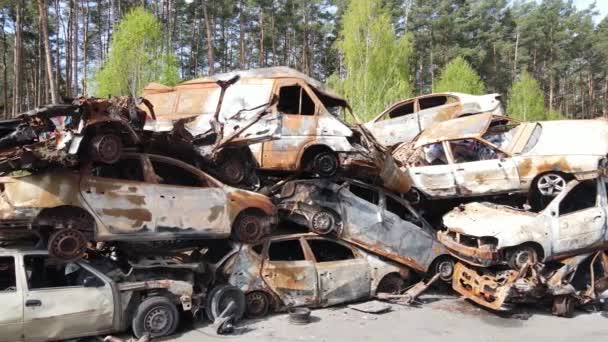 Zničené Zastřelené Automobily Městě Irpin Ukrajina Důsledky Války — Stock video