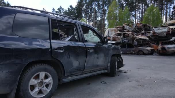 Zničené Zastřelené Automobily Městě Irpin Ukrajina Důsledky Války — Stock video