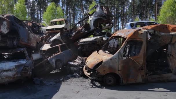 Destruido Disparado Coches Ciudad Irpin Ucrania Las Consecuencias Guerra — Vídeo de stock