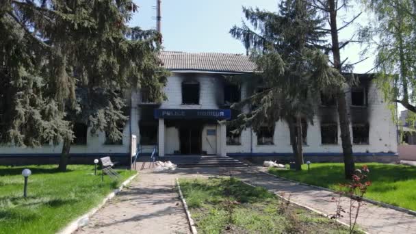 War Ukraine Destroyed Burned Building Police Station Borodyanka Kyiv Region — Stock Video