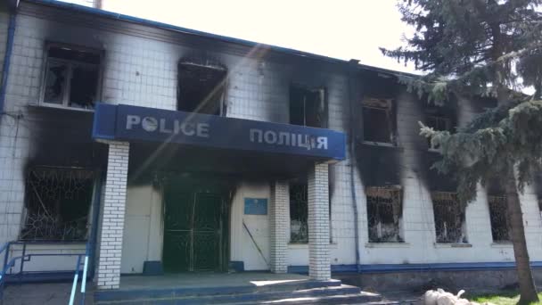 Oorlog Oekraïne Verbrand Politiebureau Borodyanka — Stockvideo