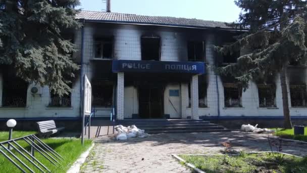 Guerra Ucrania Estación Policía Quemada Borodyanka — Vídeos de Stock