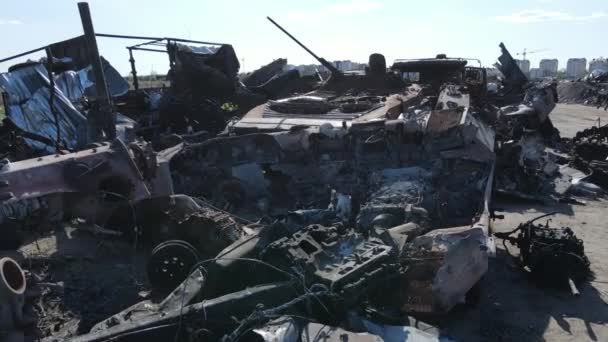 War Ukraine Destroyed Military Hardware Bucha — Stock Video