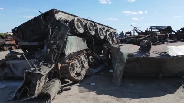 War Ukraine Destroyed Military Hardware Bucha — Stock Video
