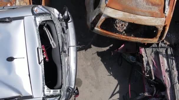 Vertical Video Destroyed Shot Cars City Irpin Ukraine — Stock Video