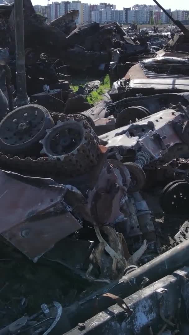 Vertical Video Destroyed Military Hardware Bucha Ukraine — Stock Video