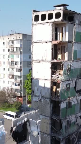 Vertical Video Destroyed Building Borodyanka Ukraine — Stock Video