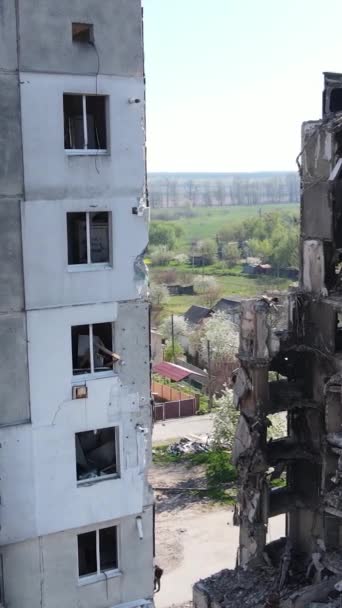 Vertical Video Destroyed Building Borodyanka Ukraine — Stock Video