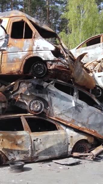 Vertical Video Destroyed Cars City Irpin Ukraine — Stock Video