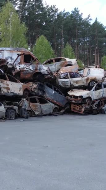 Vertical Video Destroyed Cars City Irpin Ukraine — Stock Video