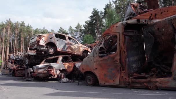 Este Vídeo Mostra Uma Descarga Tiro Carros Queimados Irpin Distrito — Vídeo de Stock